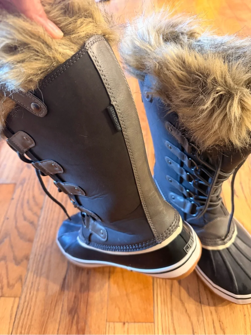 JBU Edith Black Faux-Fur Lace-Up Winter Rain Boots